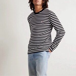 MAISON KITSUNE Blue and White Striped Long Sleeve Tee